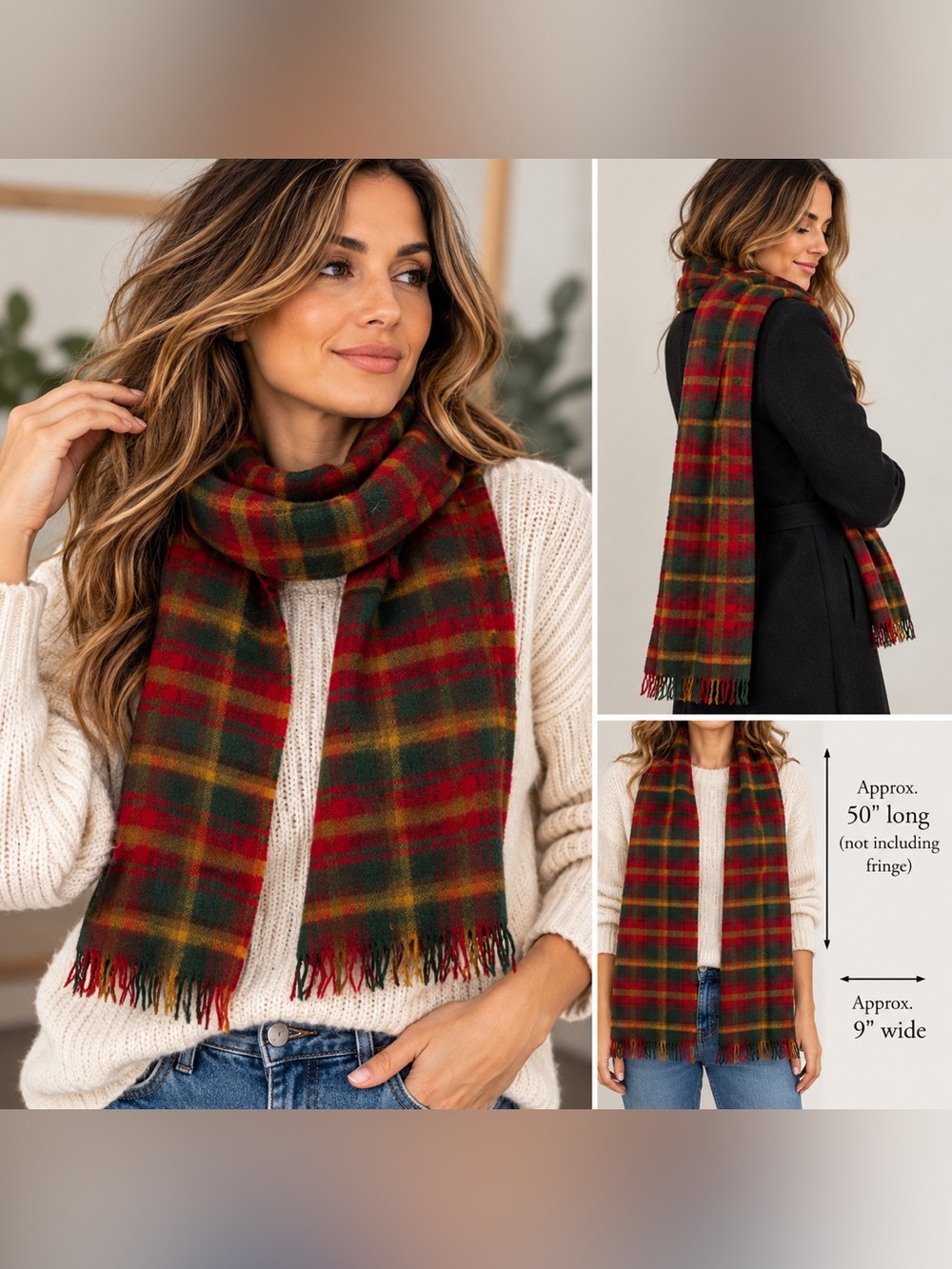 Vintage Maple Leaf Tartan Plaid Scarf Red Green Gold Soft Wool Blend